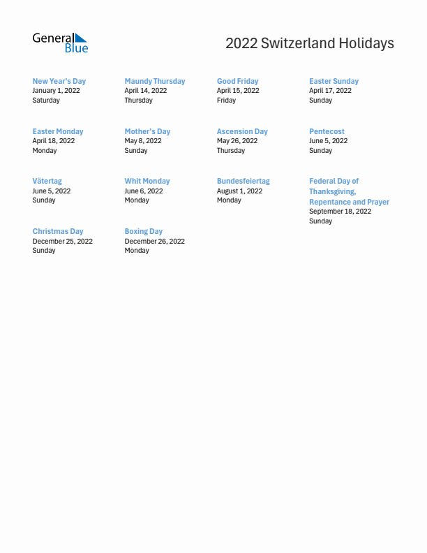 Free printable list of Switzerland holidays for year 2022