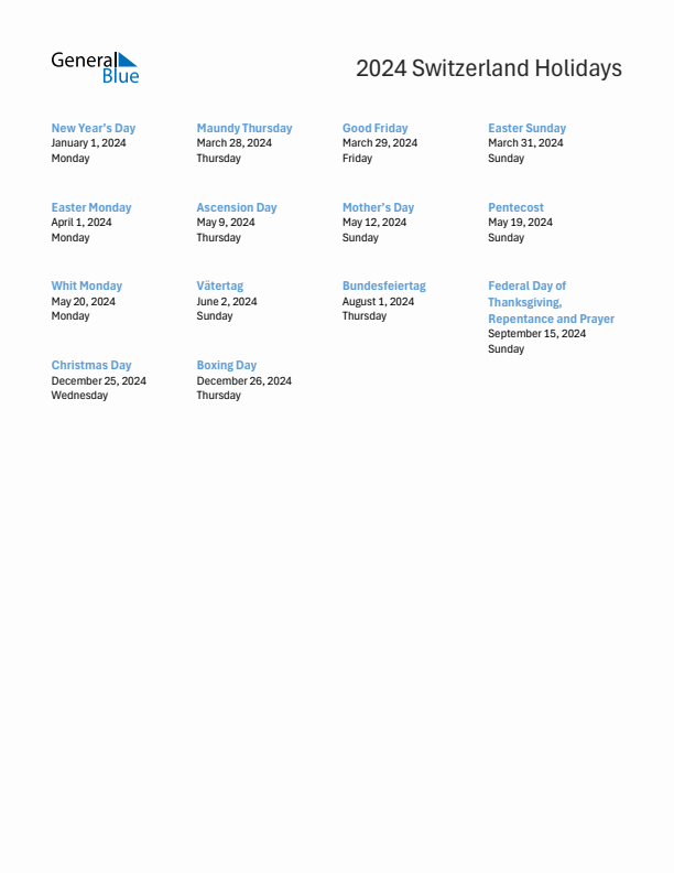 Free printable list of Switzerland holidays for year 2024