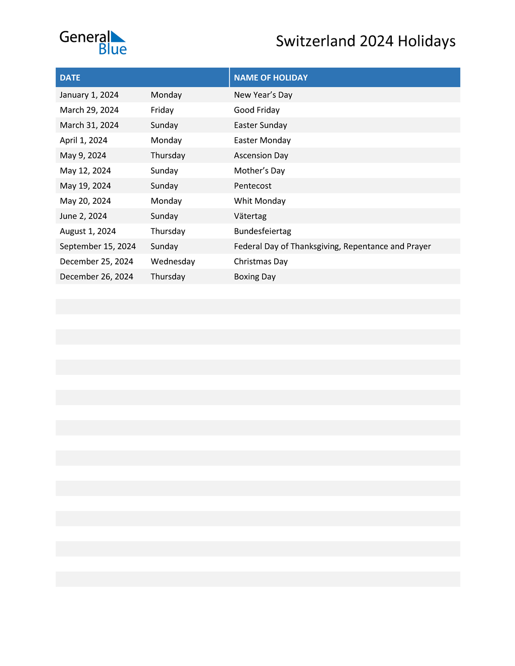 Switzerland Holidays 2024 in PDF, Word and Excel