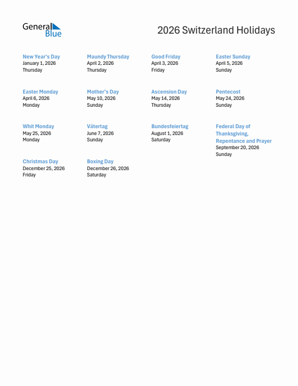 Free printable list of Switzerland holidays for year 2026