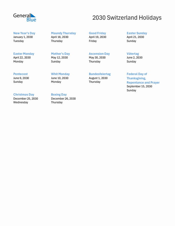 Free printable list of Switzerland holidays for year 2030