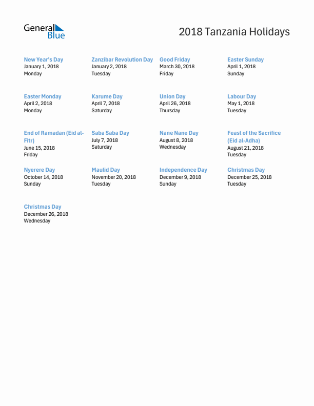 Free printable list of Tanzania holidays for year 2018