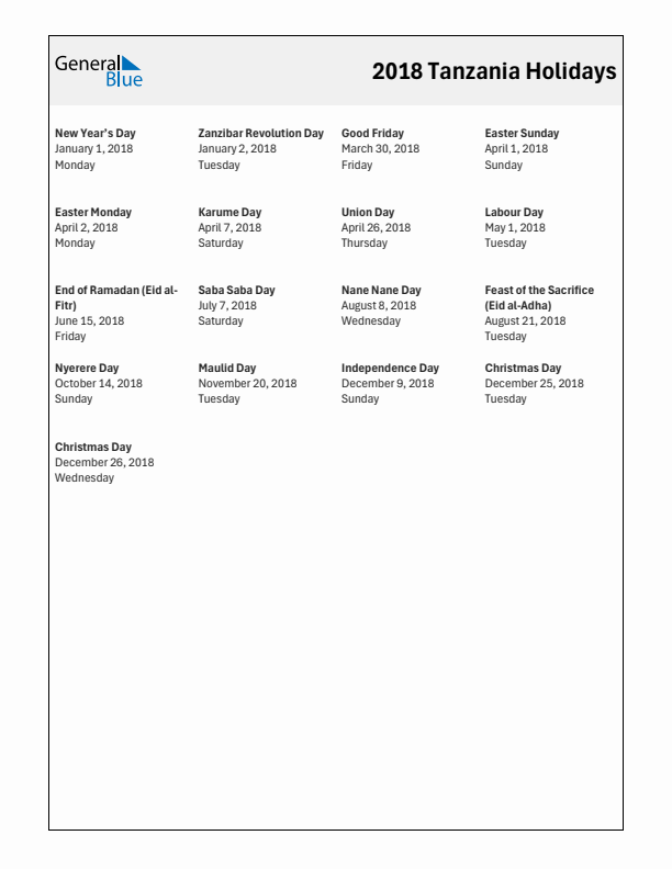 Free printable list of Tanzania holidays for year 2018