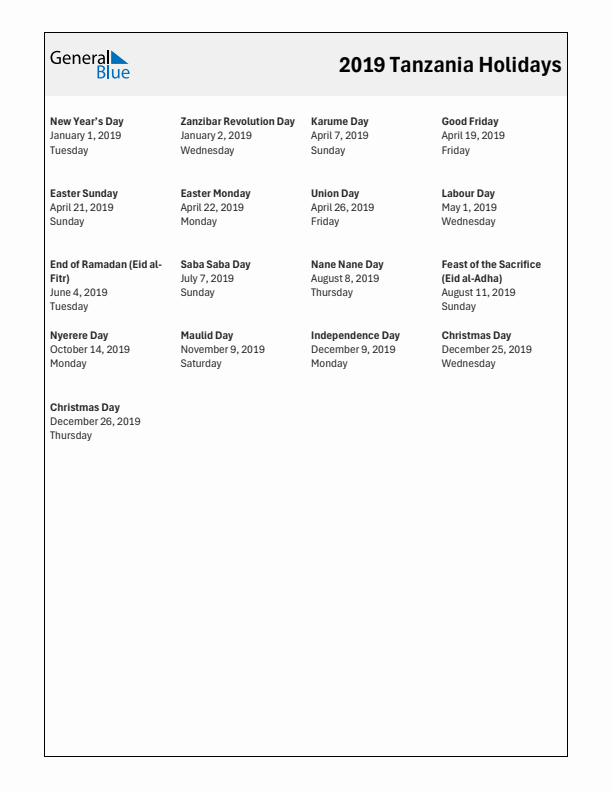 Free printable list of Tanzania holidays for year 2019