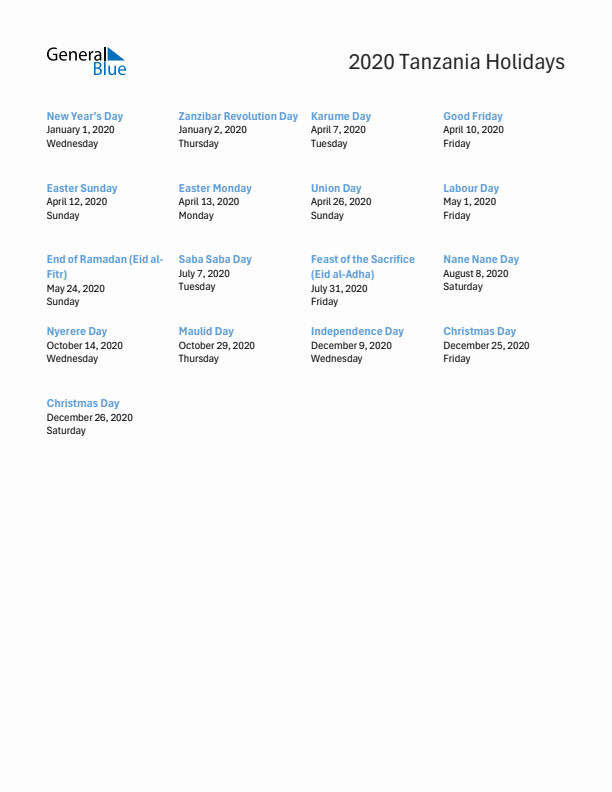 Free printable list of Tanzania holidays for year 2020