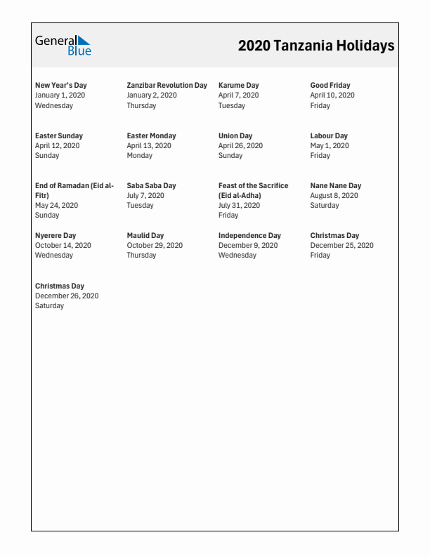 Free printable list of Tanzania holidays for year 2020