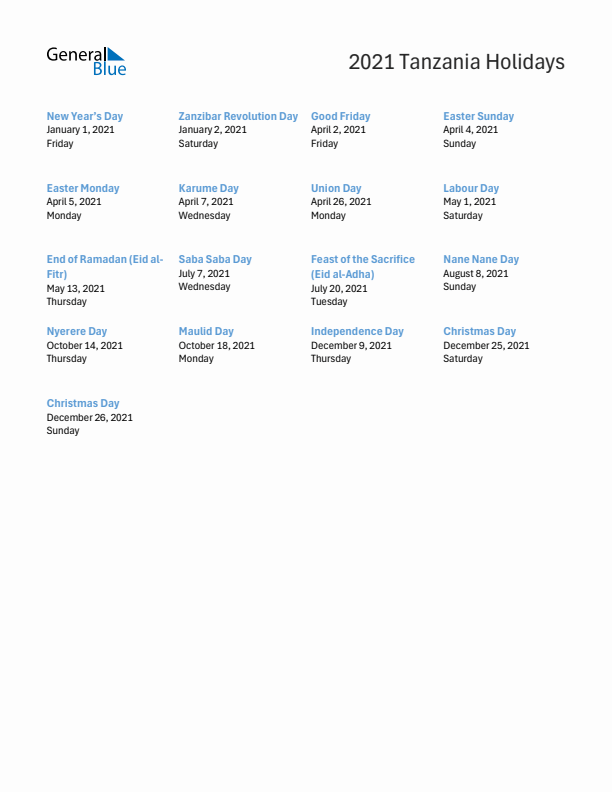 Free printable list of Tanzania holidays for year 2021