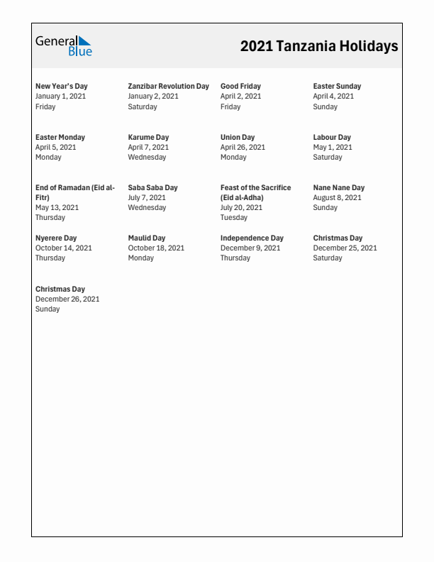 Free printable list of Tanzania holidays for year 2021