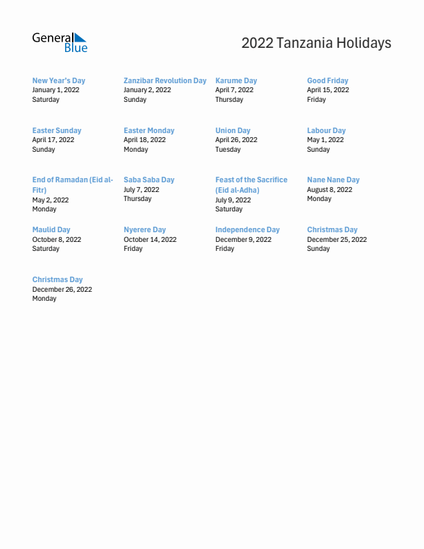 Free printable list of Tanzania holidays for year 2022