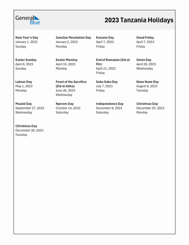 Free printable list of Tanzania holidays for year 2023