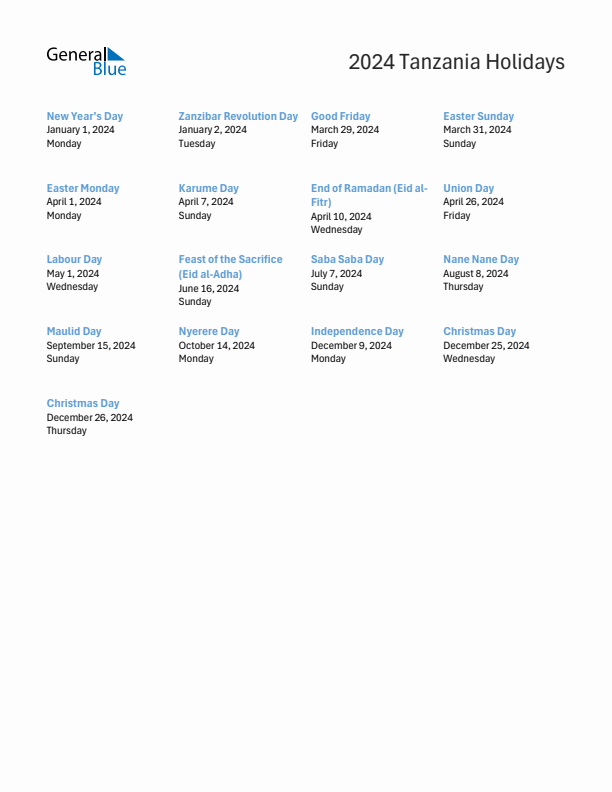 Free printable list of Tanzania holidays for year 2024