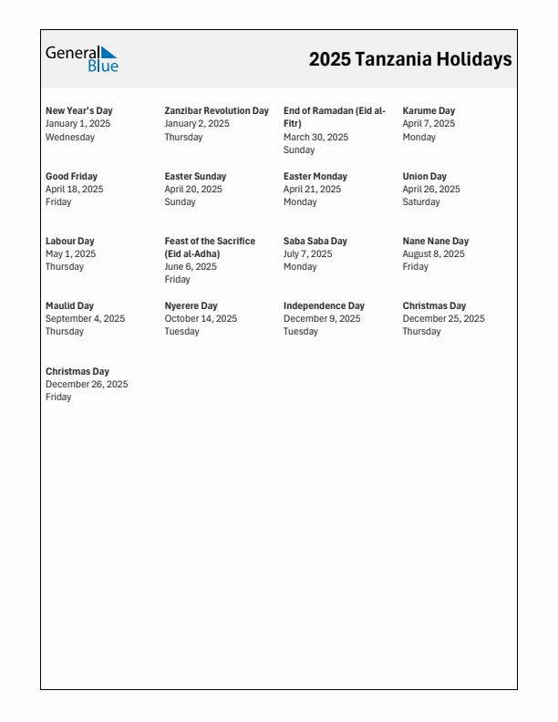 Free printable list of Tanzania holidays for year 2025