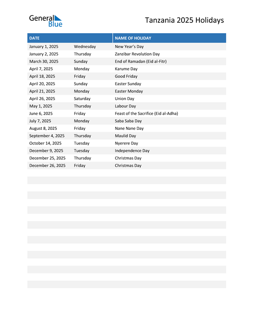 Tanzania Holidays 2025 in PDF, Word and Excel