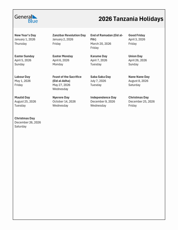 Free printable list of Tanzania holidays for year 2026