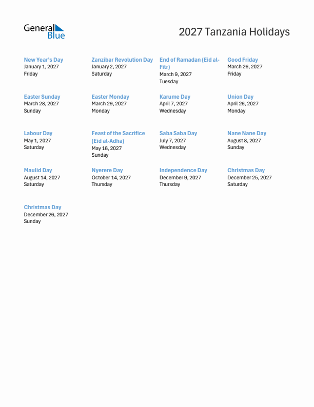 Free printable list of Tanzania holidays for year 2027