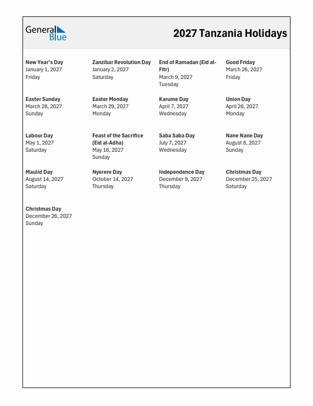 Free printable list of Tanzania holidays for year 2027