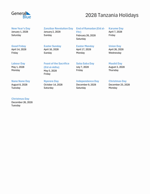 Free printable list of Tanzania holidays for year 2028