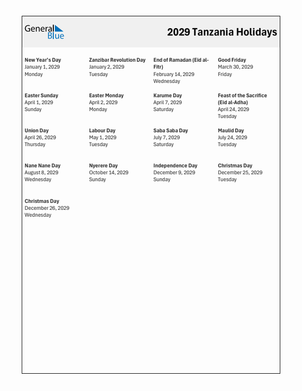 Free printable list of Tanzania holidays for year 2029