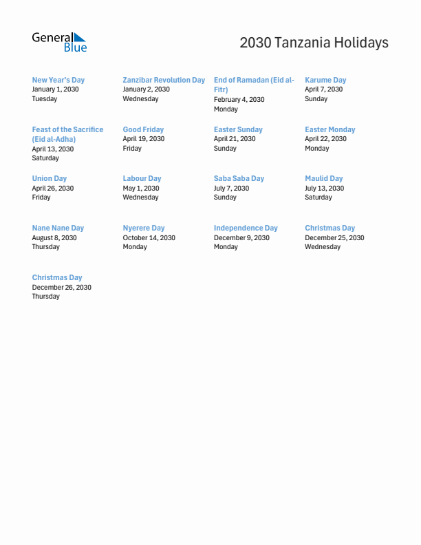 Free printable list of Tanzania holidays for year 2030