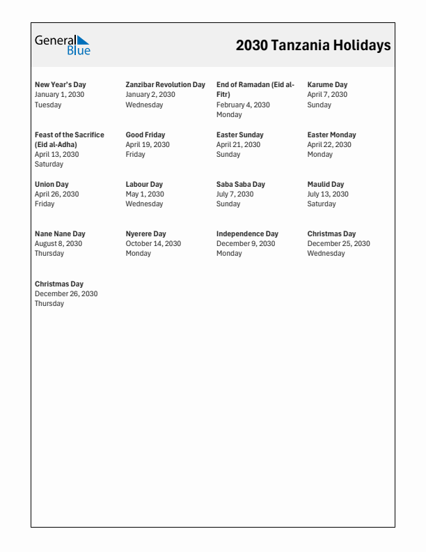 Free printable list of Tanzania holidays for year 2030