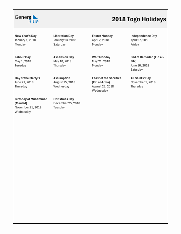 Free printable list of Togo holidays for year 2018