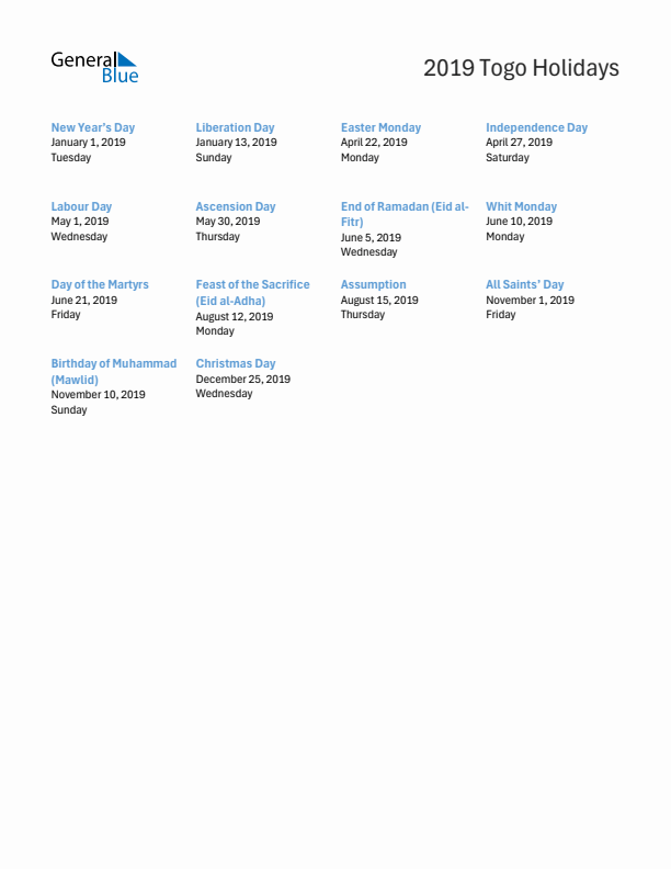 Free printable list of Togo holidays for year 2019