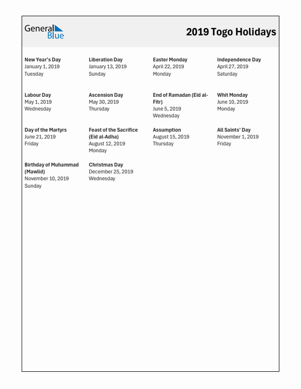 Free printable list of Togo holidays for year 2019