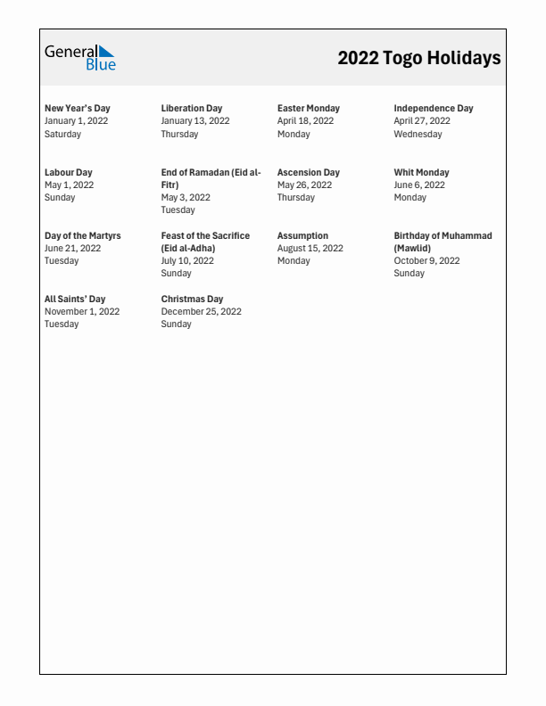 Free printable list of Togo holidays for year 2022