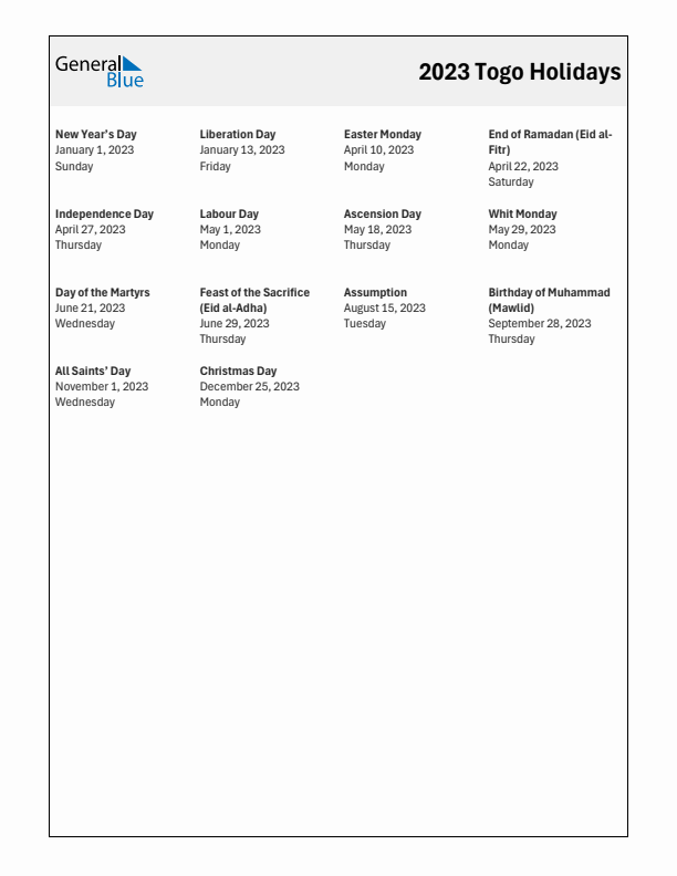 Free printable list of Togo holidays for year 2023