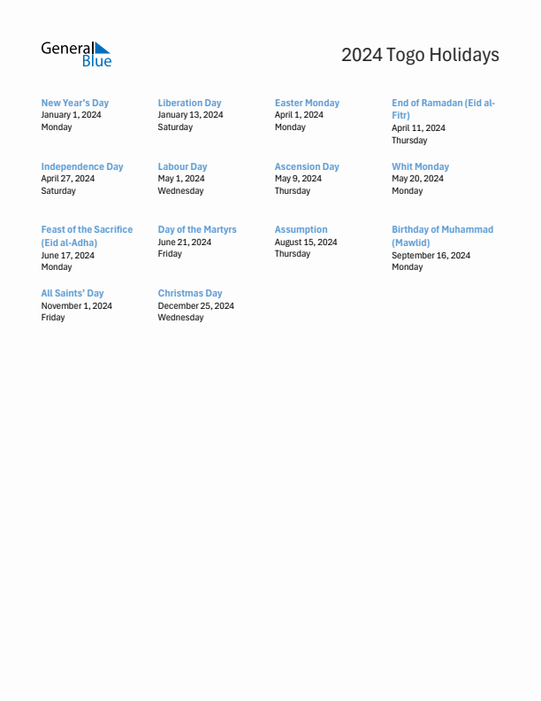 Free printable list of Togo holidays for year 2024