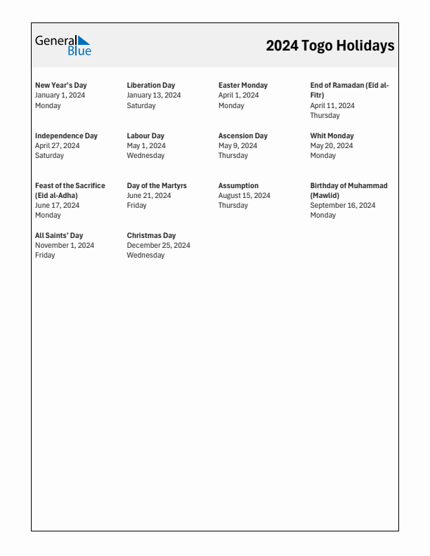 Free printable list of Togo holidays for year 2024