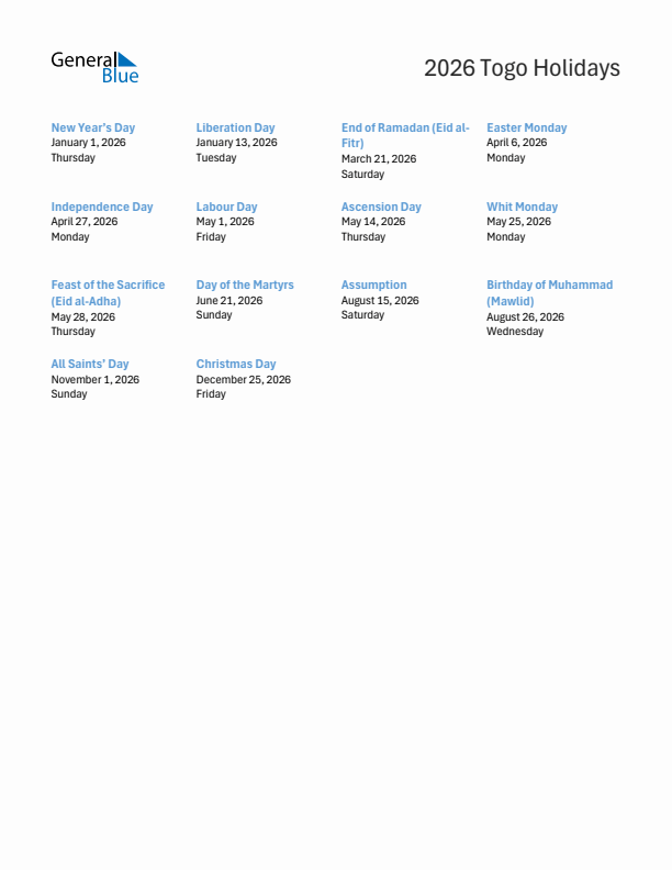 Free printable list of Togo holidays for year 2026