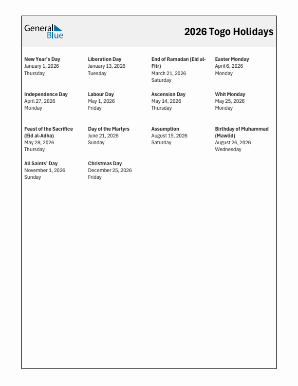 Free printable list of Togo holidays for year 2026