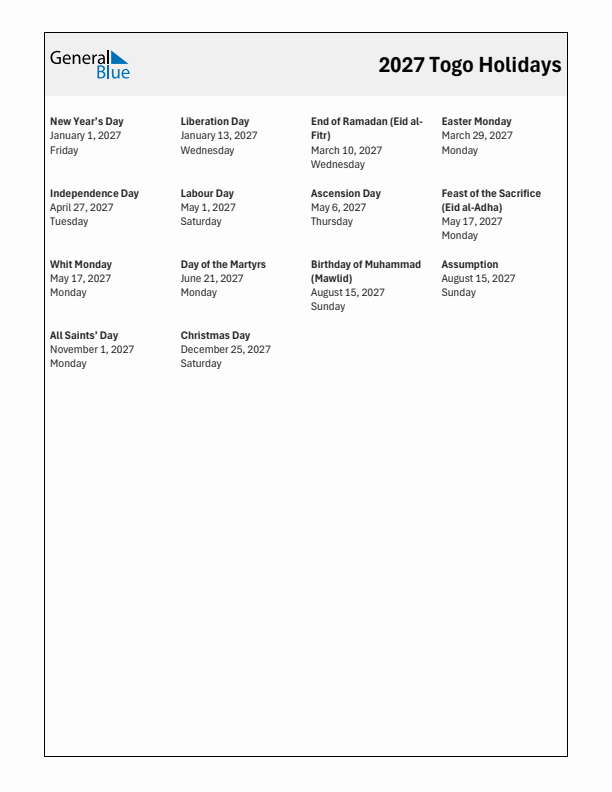 Free printable list of Togo holidays for year 2027