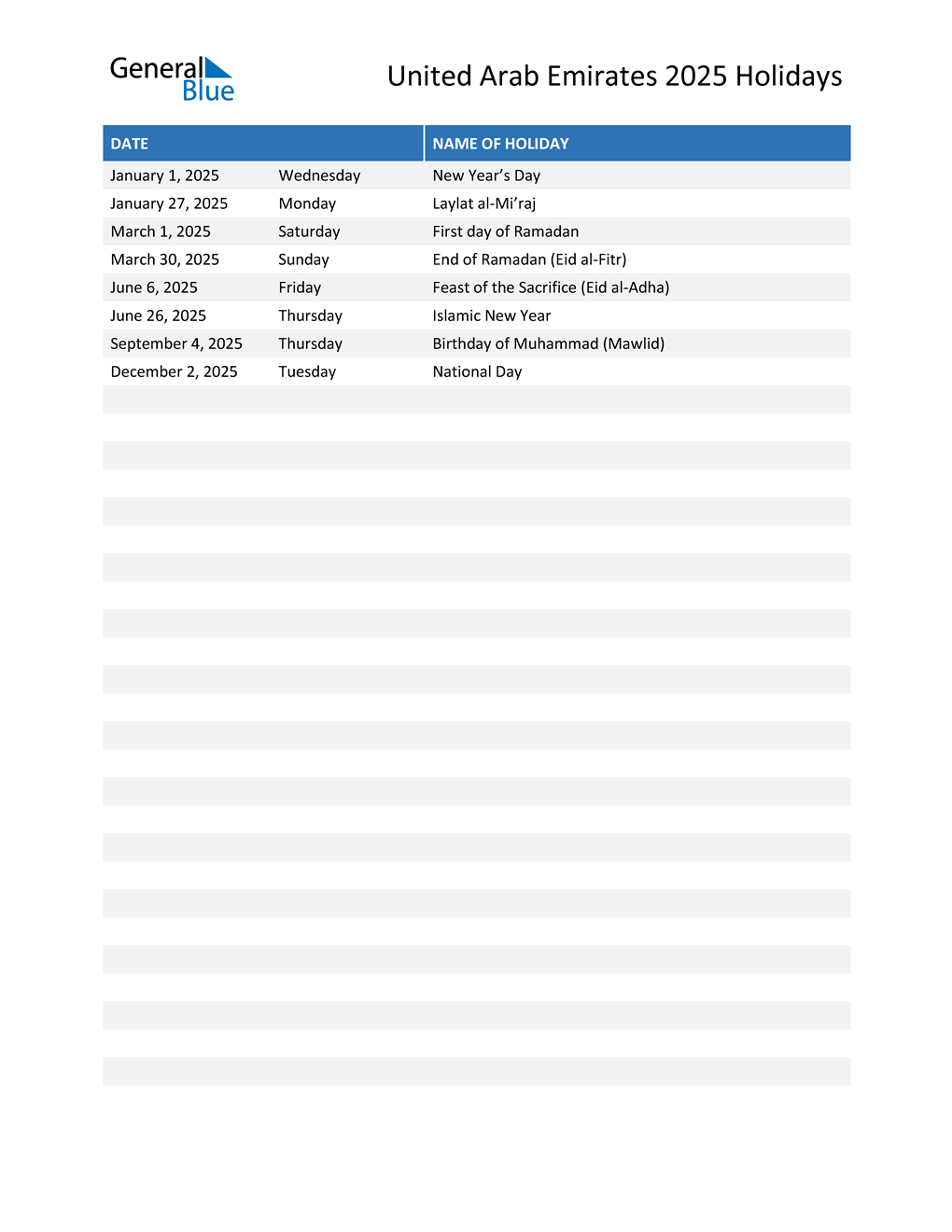 United Arab Emirates Holidays 2025 in PDF, Word and Excel