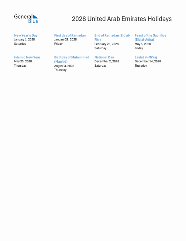 Free printable list of United Arab Emirates holidays for year 2028
