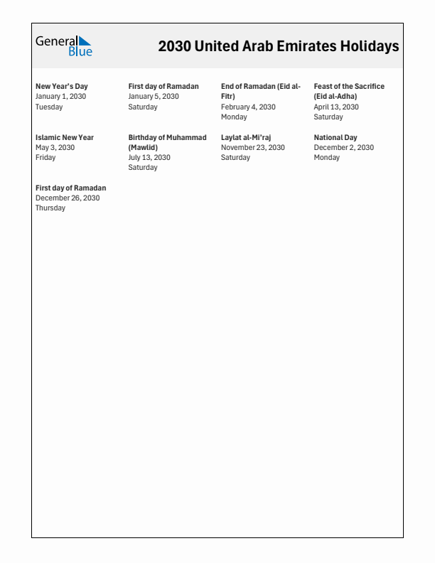 Free printable list of United Arab Emirates holidays for year 2030