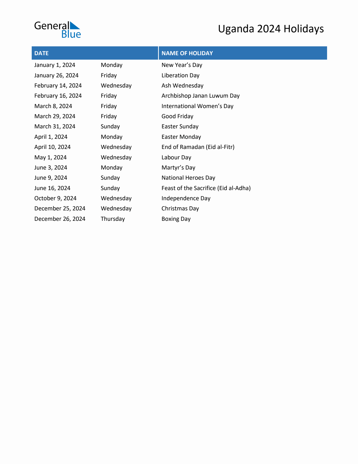 2024 Uganda List of Holidays in PDF, Word, and Excel
