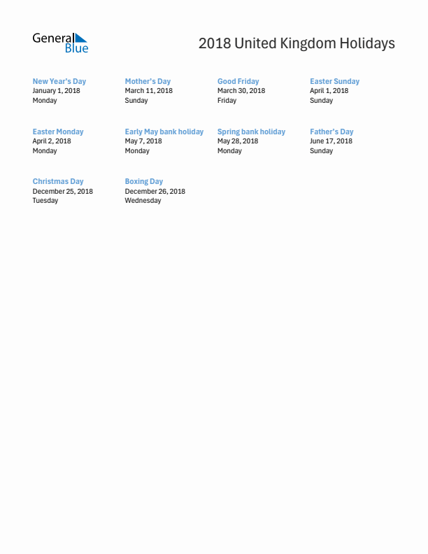 Free printable list of United Kingdom holidays for year 2018