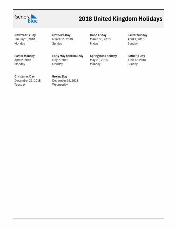 Free printable list of United Kingdom holidays for year 2018