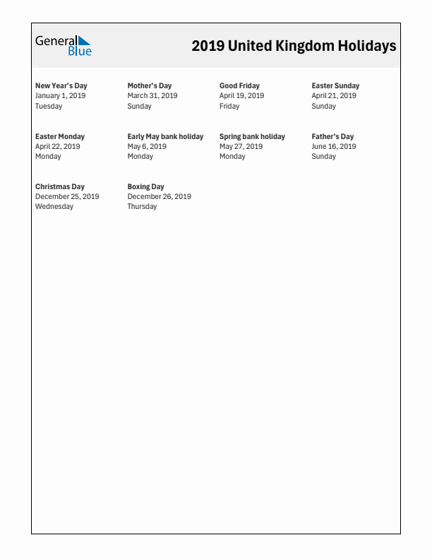 Free printable list of United Kingdom holidays for year 2019