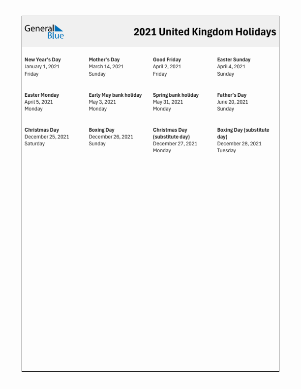 Free printable list of United Kingdom holidays for year 2021