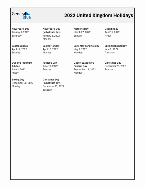 Free printable list of United Kingdom holidays for year 2022