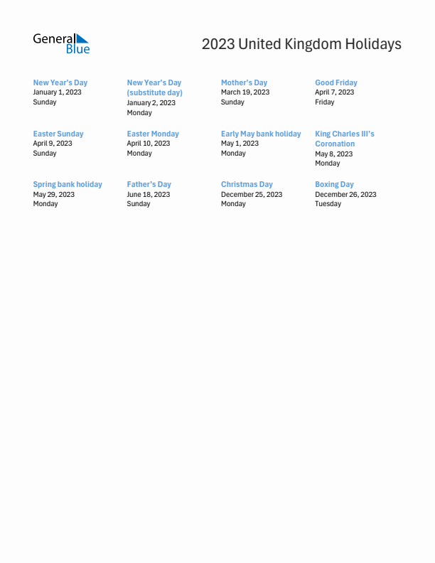 Free printable list of United Kingdom holidays for year 2023