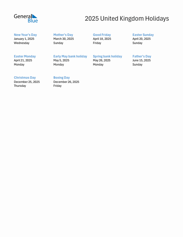 Free printable list of United Kingdom holidays for year 2025