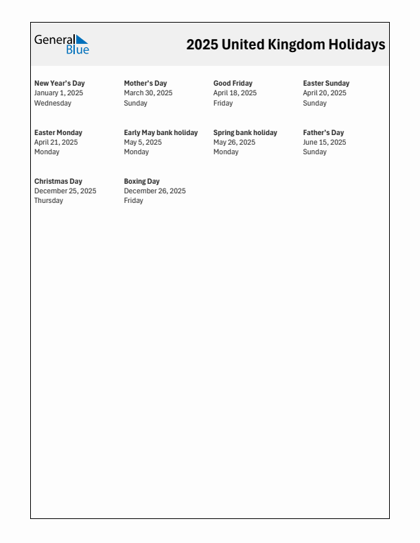 Free printable list of United Kingdom holidays for year 2025