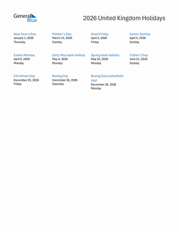 Free printable list of United Kingdom holidays for year 2026