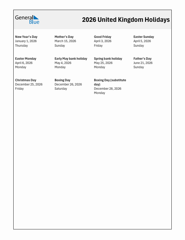 Free printable list of United Kingdom holidays for year 2026