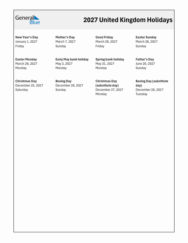 Free printable list of United Kingdom holidays for year 2027