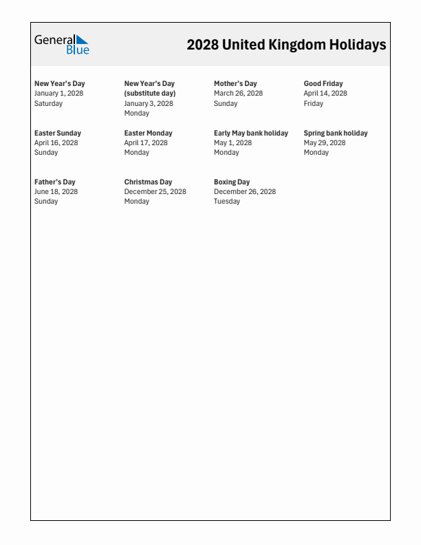 Free printable list of United Kingdom holidays for year 2028